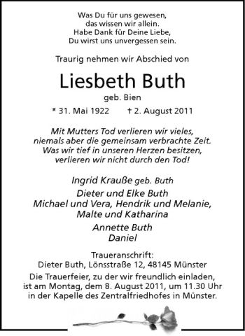 Anzeige von Liesbeth Buth von Westfälische Nachrichten