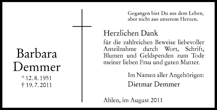  Traueranzeige für Barbara Demmer vom 20.08.2011 aus Westfälische Nachrichten