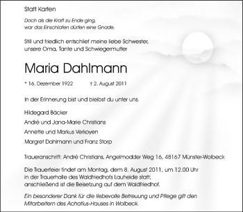 Anzeige von Maria Dahlmann von Westfälische Nachrichten