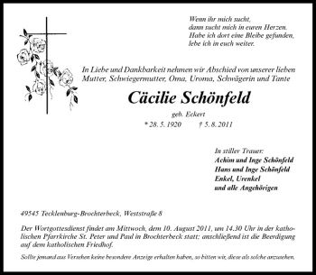 Anzeige von Cäcilie Schönfeld von Westfälische Nachrichten