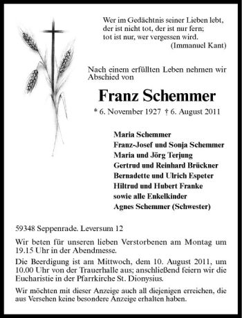 Anzeige von Franz Schemmer von Westfälische Nachrichten