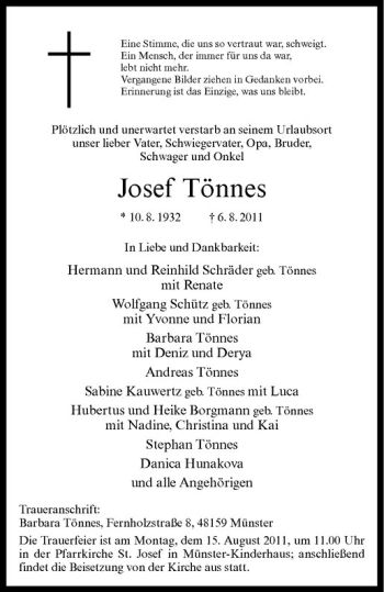 Anzeige von Josef Tönnes von Westfälische Nachrichten