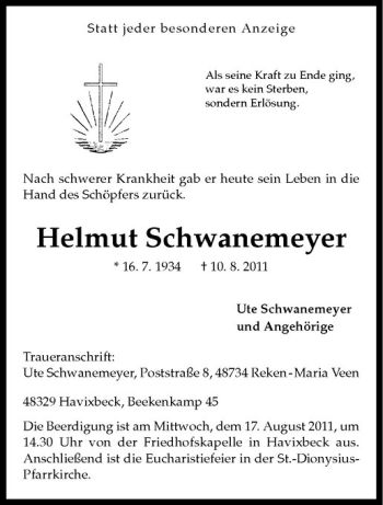 Anzeige von Helmut Schwanemeyer von Westfälische Nachrichten