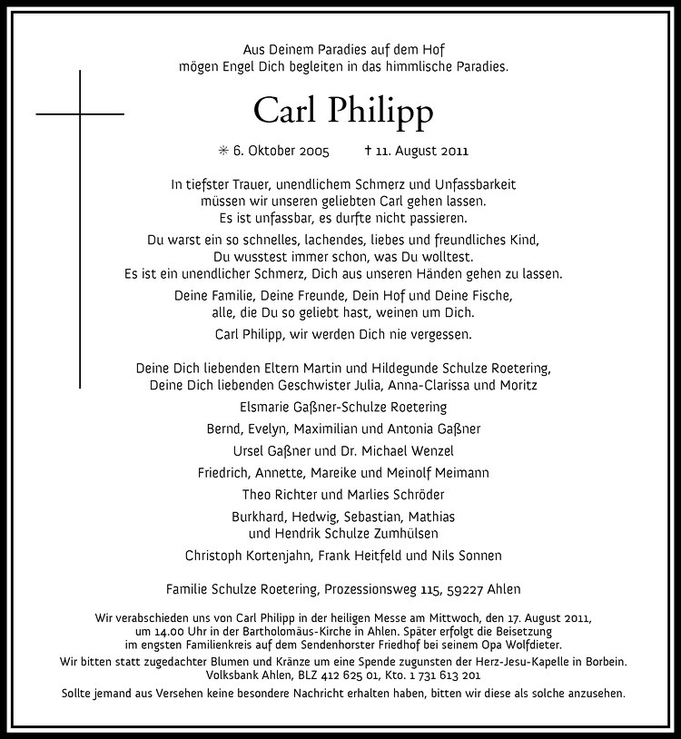  Traueranzeige für Carl Philipp Schulze Roetering vom 15.08.2011 aus Westfälische Nachrichten