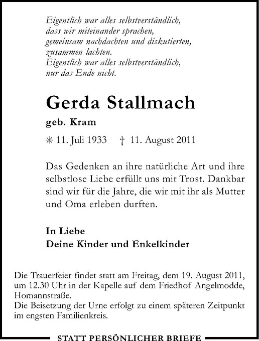  Traueranzeige für Gerda Stallmach vom 17.08.2011 aus Westfälische Nachrichten