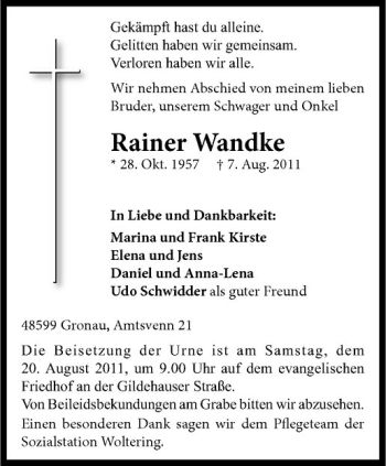 Anzeige von Rainer Wandke von Westfälische Nachrichten