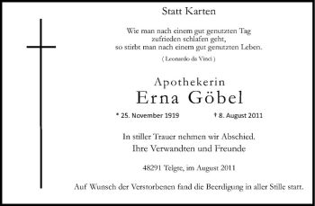 Anzeige von Erna Göbel von Westfälische Nachrichten