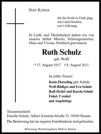 Anzeige von Ruth Schulz von Westfälische Nachrichten
