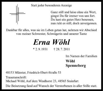 Anzeige von Erna Wöhl von Westfälische Nachrichten