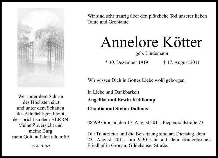  Traueranzeige für Annelore Kötter vom 19.08.2011 aus Westfälische Nachrichten