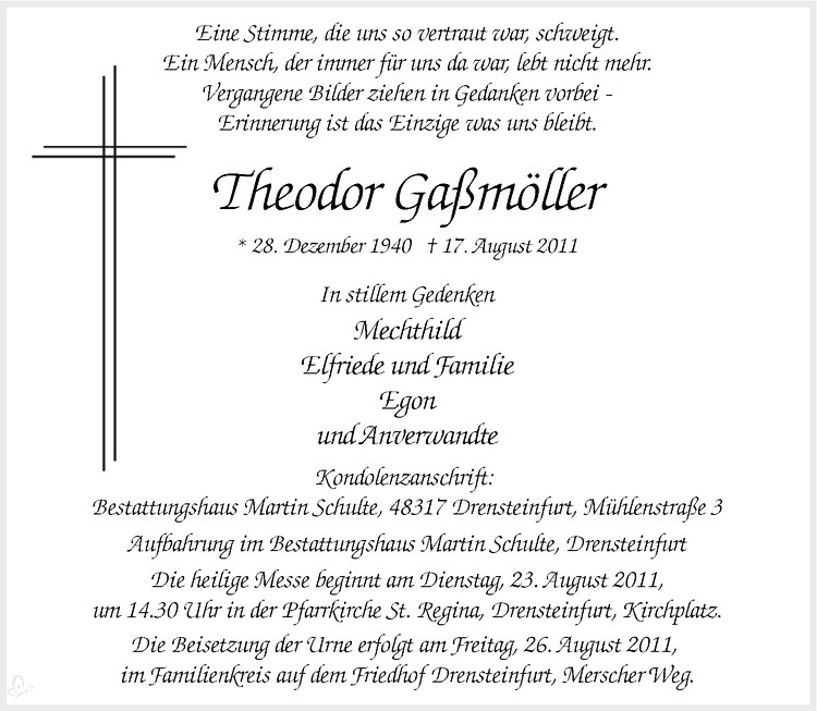  Traueranzeige für Theodor Gaßmöller vom 20.08.2011 aus Westfälische Nachrichten