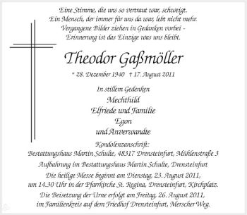 Anzeige von Theodor Gaßmöller von Westfälische Nachrichten