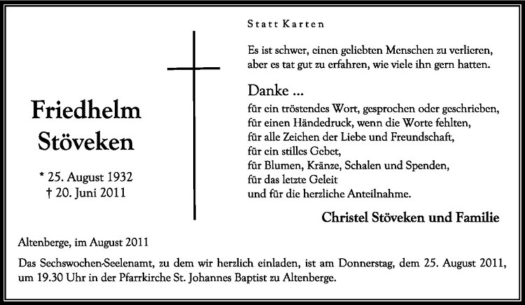  Traueranzeige für Friedhelm Stöveken vom 20.08.2011 aus Westfälische Nachrichten