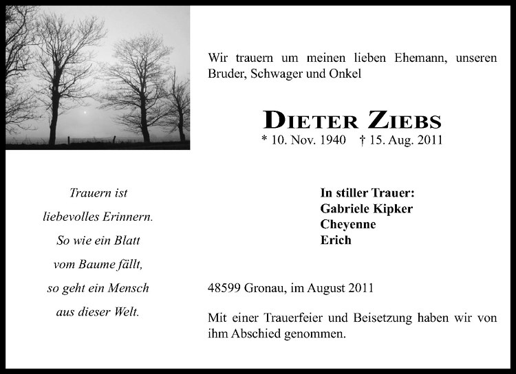  Traueranzeige für Dieter Ziebs vom 20.08.2011 aus Westfälische Nachrichten