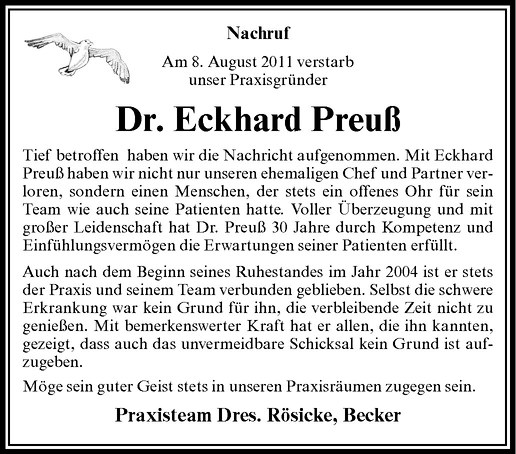 Traueranzeige für Eckhard Preuß vom 20.08.2011 aus Westfälische Nachrichten