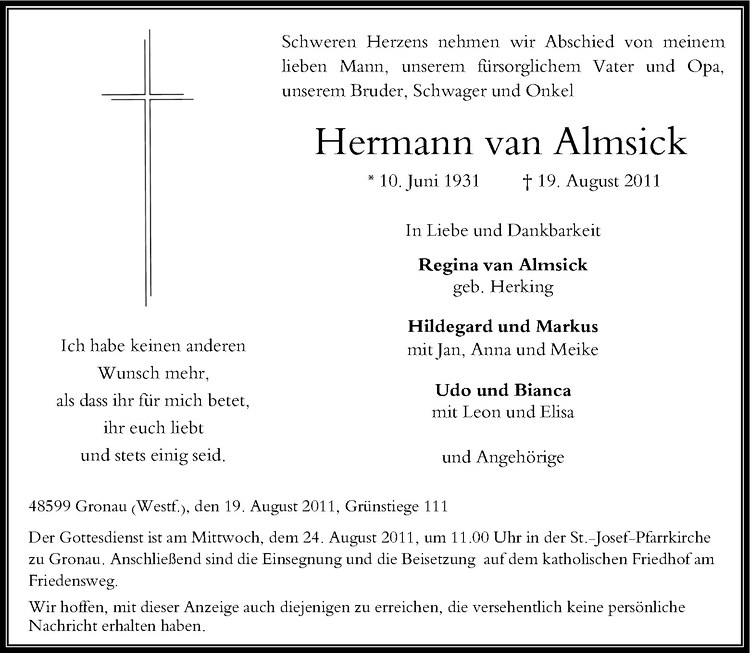  Traueranzeige für Hermann van Almsick vom 22.08.2011 aus Westfälische Nachrichten