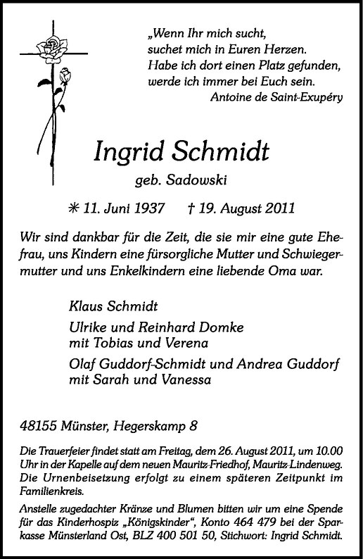  Traueranzeige für Ingrid Schmidt vom 24.08.2011 aus Westfälische Nachrichten