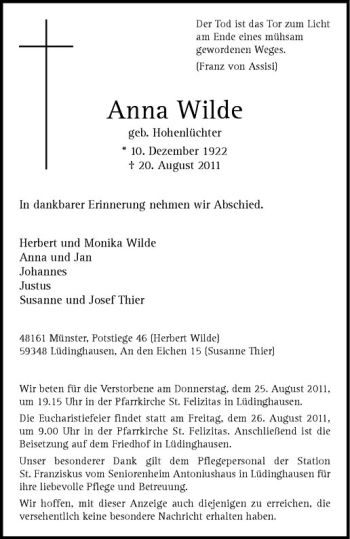 Anzeige von Anna Wilde von Westfälische Nachrichten