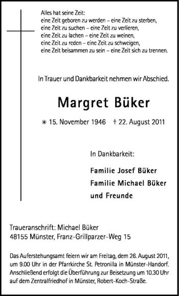 Anzeige von Margret Büker von Westfälische Nachrichten
