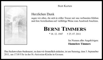 Anzeige von Berni Timmers von Westfälische Nachrichten