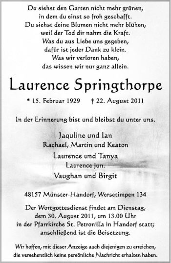 Anzeige von Laurence Springthorpe von Westfälische Nachrichten