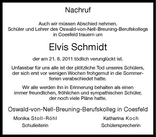  Traueranzeige für Elvis Schmidt vom 26.08.2011 aus Westfälische Nachrichten