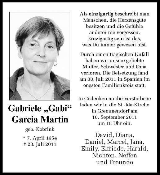  Traueranzeige für Gabriele Garcia Martin vom 27.08.2011 aus Westfälische Nachrichten