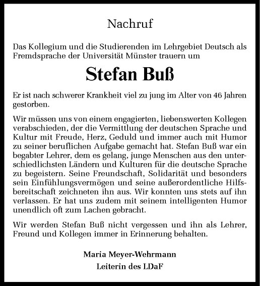  Traueranzeige für Stefan Buß vom 27.08.2011 aus Westfälische Nachrichten