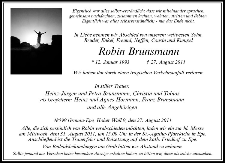  Traueranzeige für Robin Brunsmann vom 29.08.2011 aus Westfälische Nachrichten