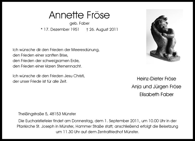  Traueranzeige für Annette Fröse vom 30.08.2011 aus Westfälische Nachrichten