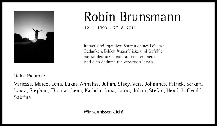  Traueranzeige für Robin Brunsmann vom 30.08.2011 aus Westfälische Nachrichten