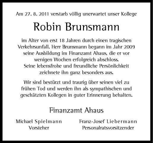  Traueranzeige für Robin Brunsmann vom 30.08.2011 aus Westfälische Nachrichten