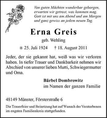 Anzeige von Erna Greis von Westfälische Nachrichten