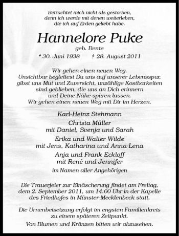 Anzeige von Hannelore Puke von Westfälische Nachrichten