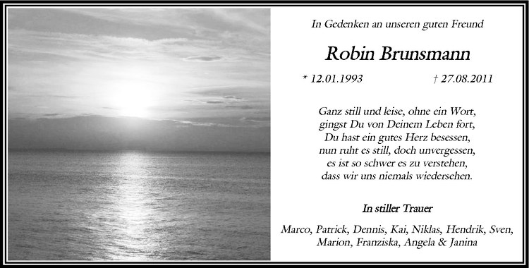  Traueranzeige für Robin Brunsmann vom 31.08.2011 aus Westfälische Nachrichten