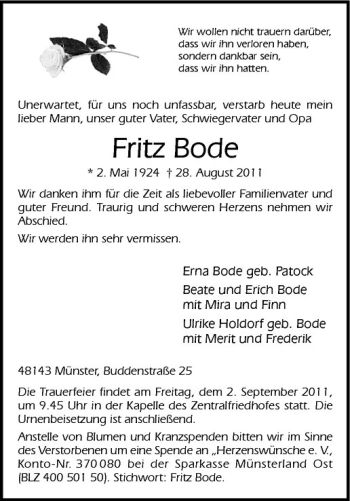 Anzeige von Fritz Bode von Westfälische Nachrichten