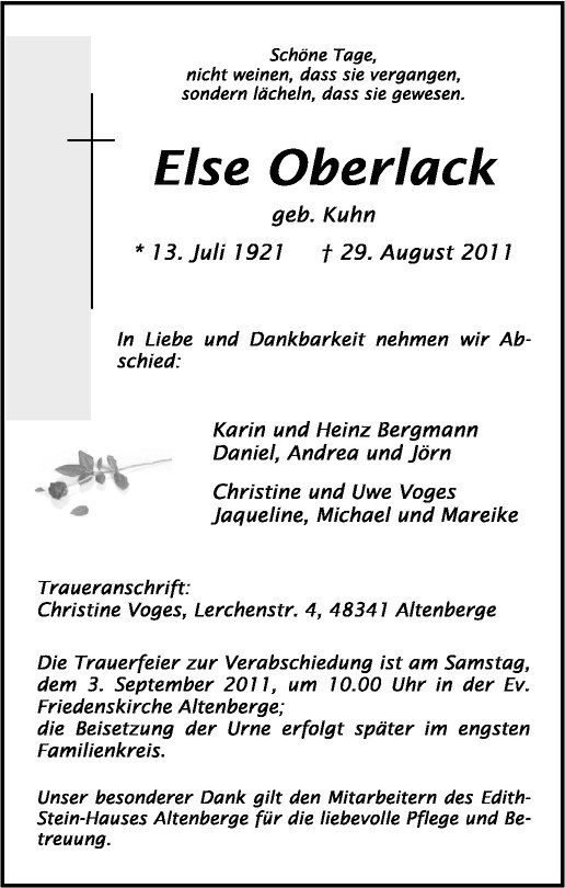  Traueranzeige für Else Oberlack vom 01.09.2011 aus Westfälische Nachrichten
