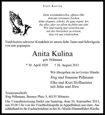 Anzeige von Anita Kulina von Westfälische Nachrichten