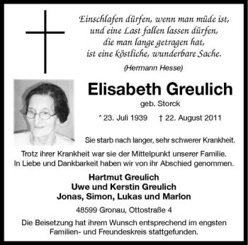 Anzeige von Elisabeth Greulich von Westfälische Nachrichten