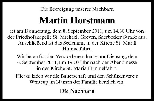  Traueranzeige für Martin Horstmann vom 06.09.2011 aus Westfälische Nachrichten