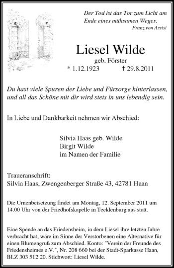 Anzeige von Liesel Wilde von Westfälische Nachrichten
