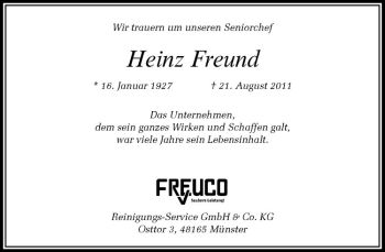 Anzeige von Heinz Freund von Westfälische Nachrichten