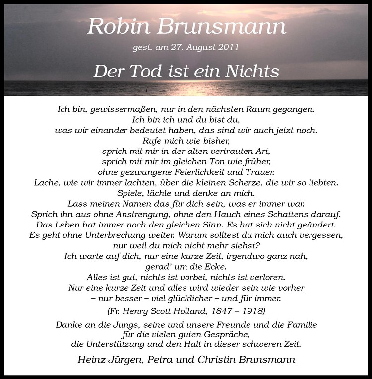  Traueranzeige für Robin Brunsmann vom 10.09.2011 aus Westfälische Nachrichten