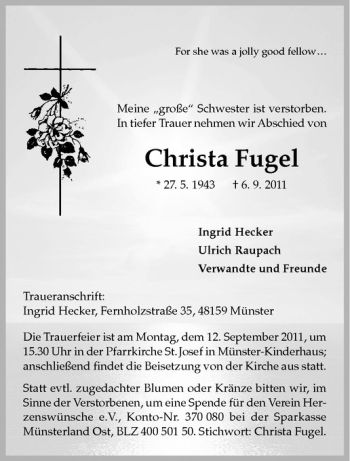 Anzeige von Christa Fugel von Westfälische Nachrichten