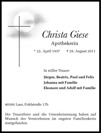 Anzeige von Christa Giese von Westfälische Nachrichten