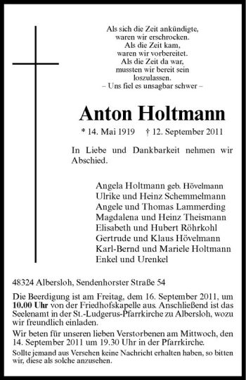 Anzeige von Anton Holtmann von Westfälische Nachrichten