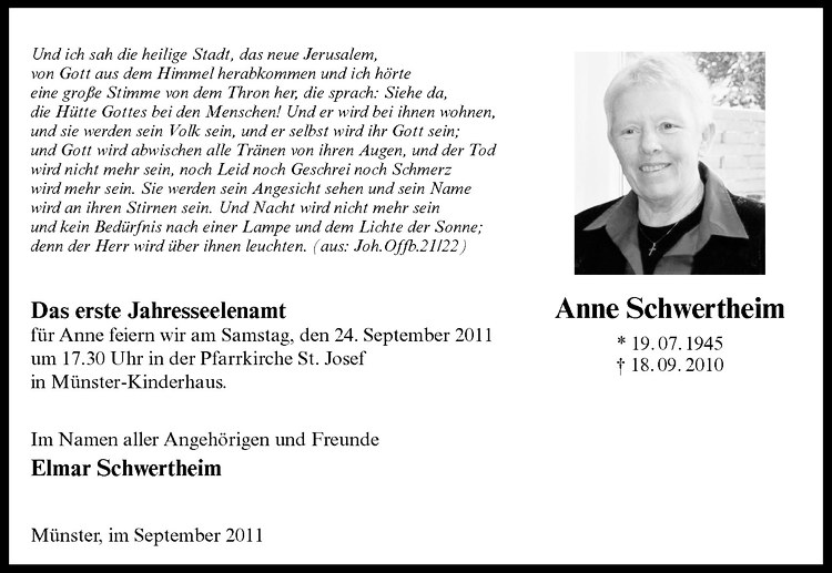  Traueranzeige für Anne Schwertheim vom 17.09.2011 aus Westfälische Nachrichten