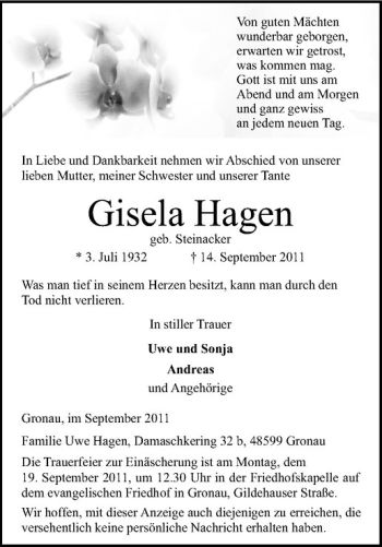 Anzeige von Gisela Hagen von Westfälische Nachrichten