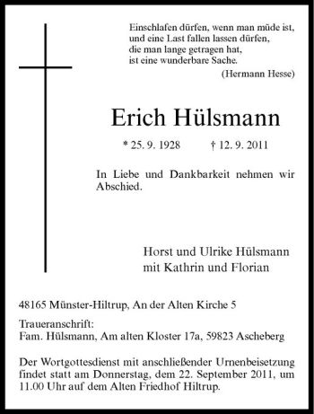 Anzeige von Erich Hülsmann von Westfälische Nachrichten