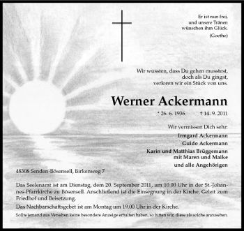 Anzeige von Werner Ackermann von Westfälische Nachrichten